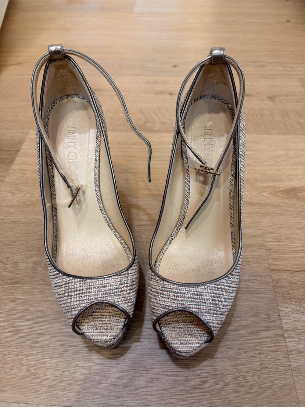 Jimmy Choo SPARKLE Tweed Peep-Toe Wedges with Ankle Tie in Neutral Mix